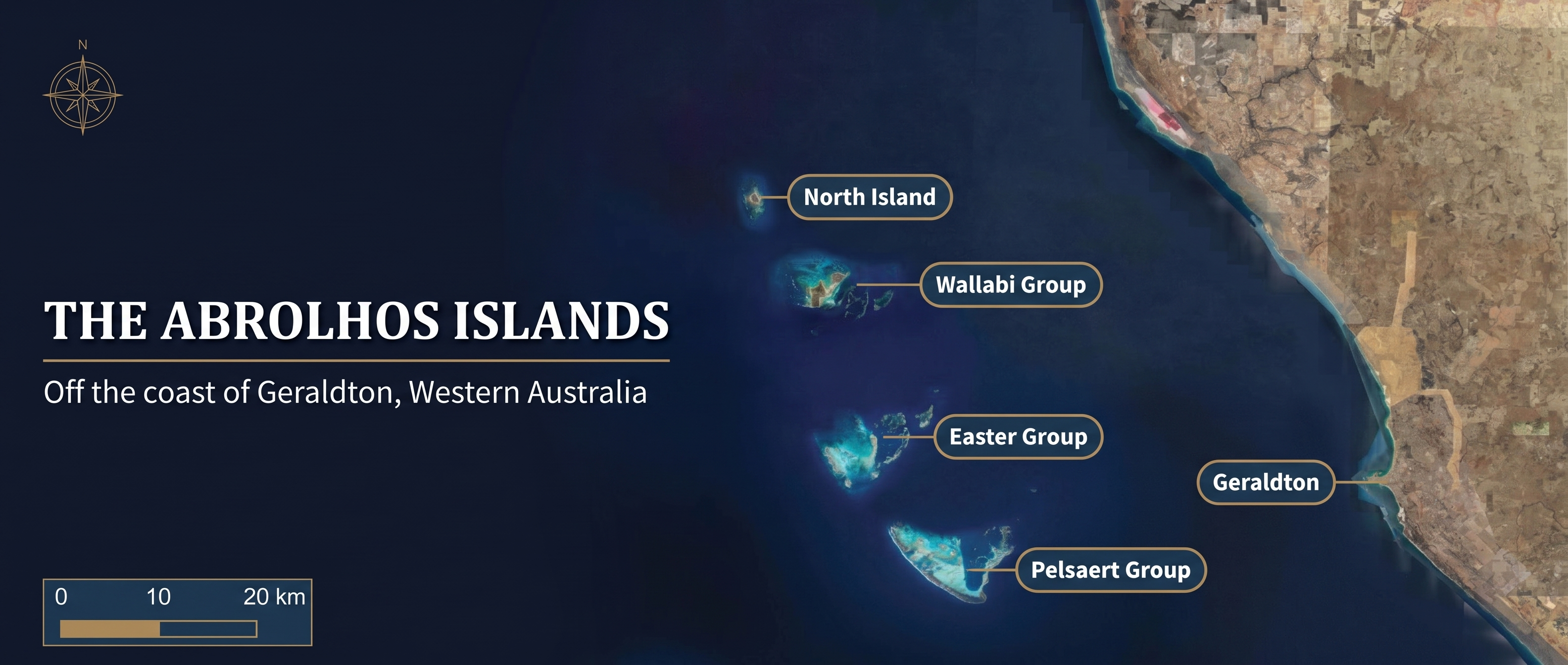 Satellite map showing the Abrolhos Islands location off the coast of Geraldton, Western Australia, including the Wallabi, Easter and Pelsaert Groups